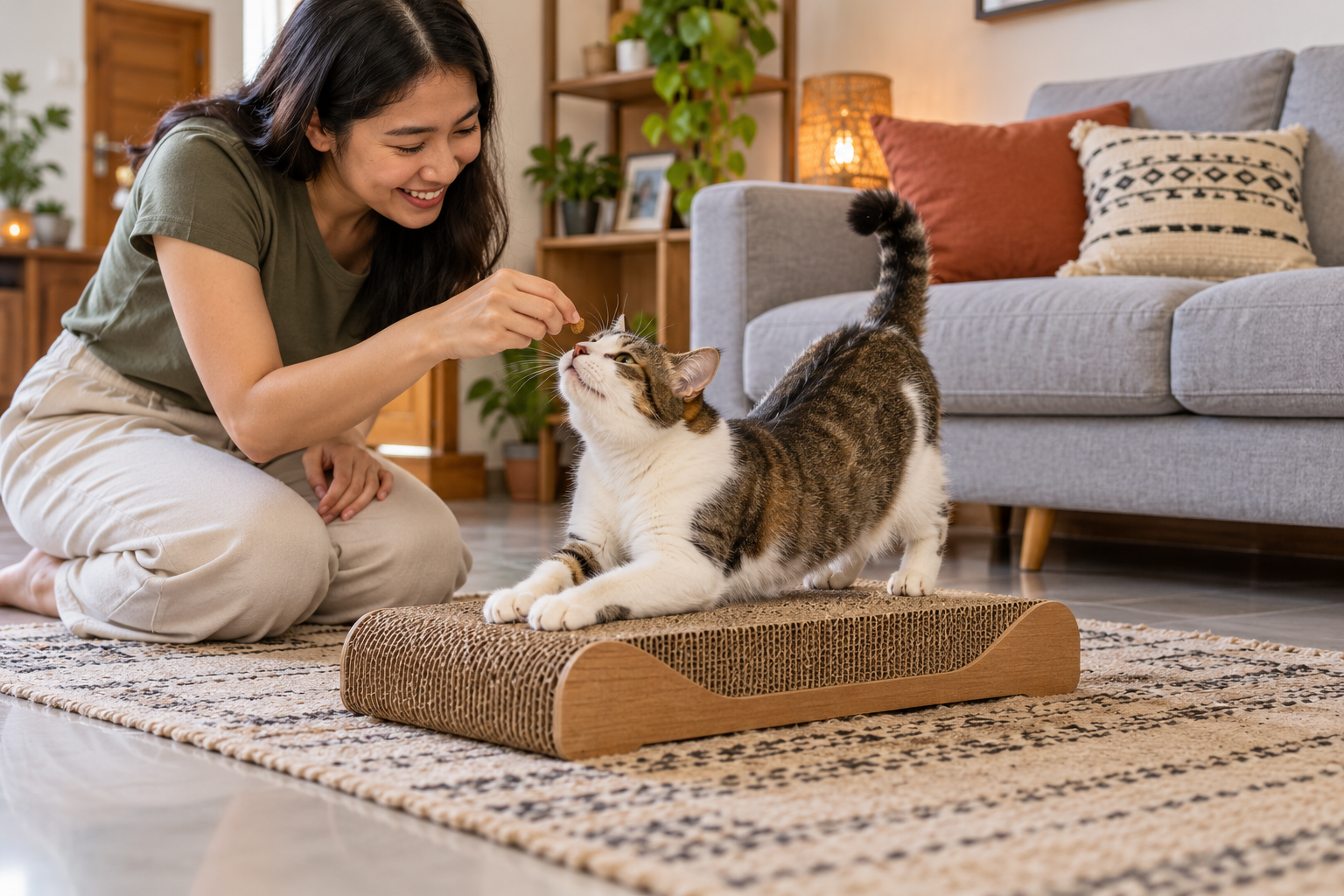Kucing memakai scratcher kardus mendatar sambil mendapat hadiah dari pemilik