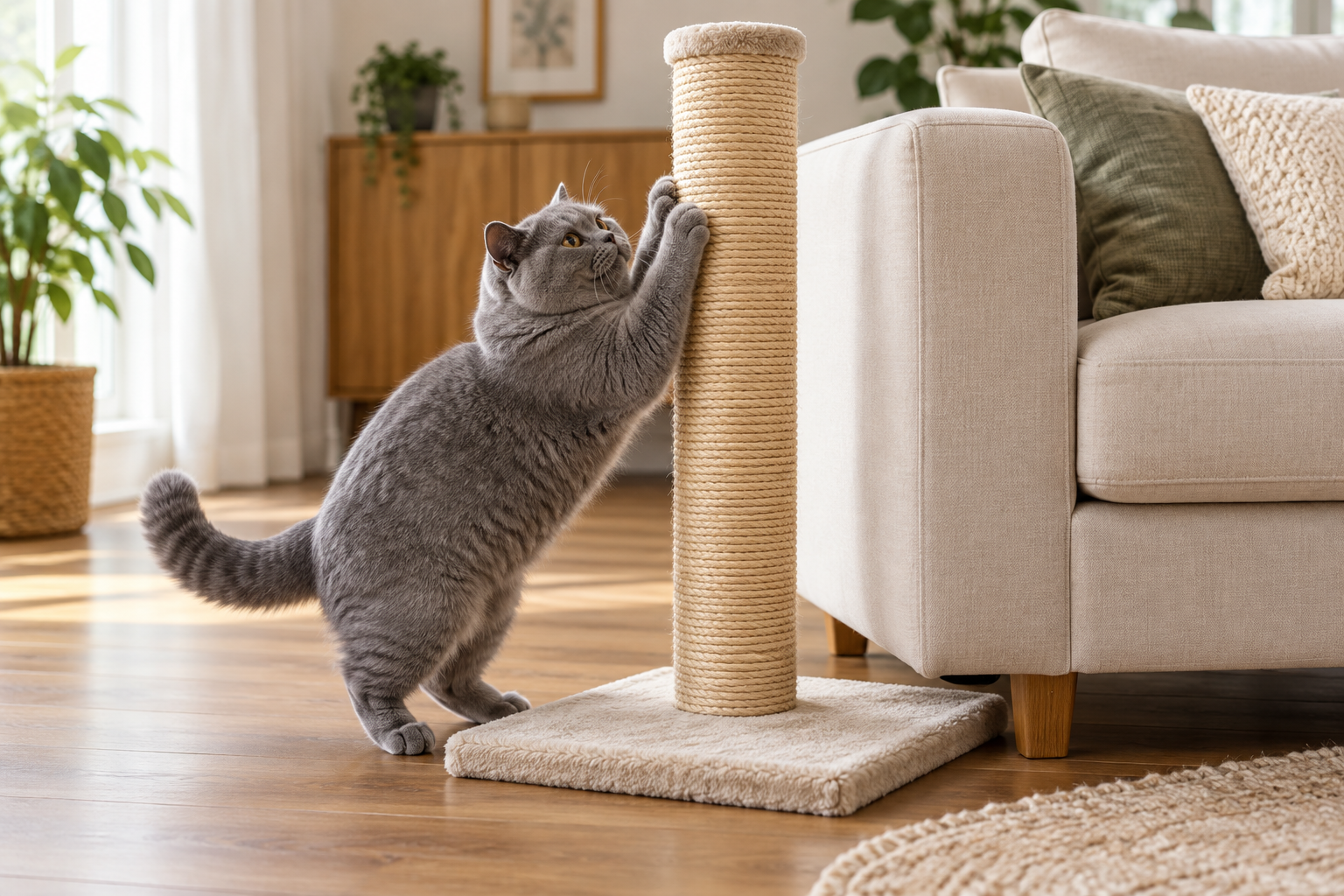 Kucing menggaruk tiang sisal yang stabil di samping sofa