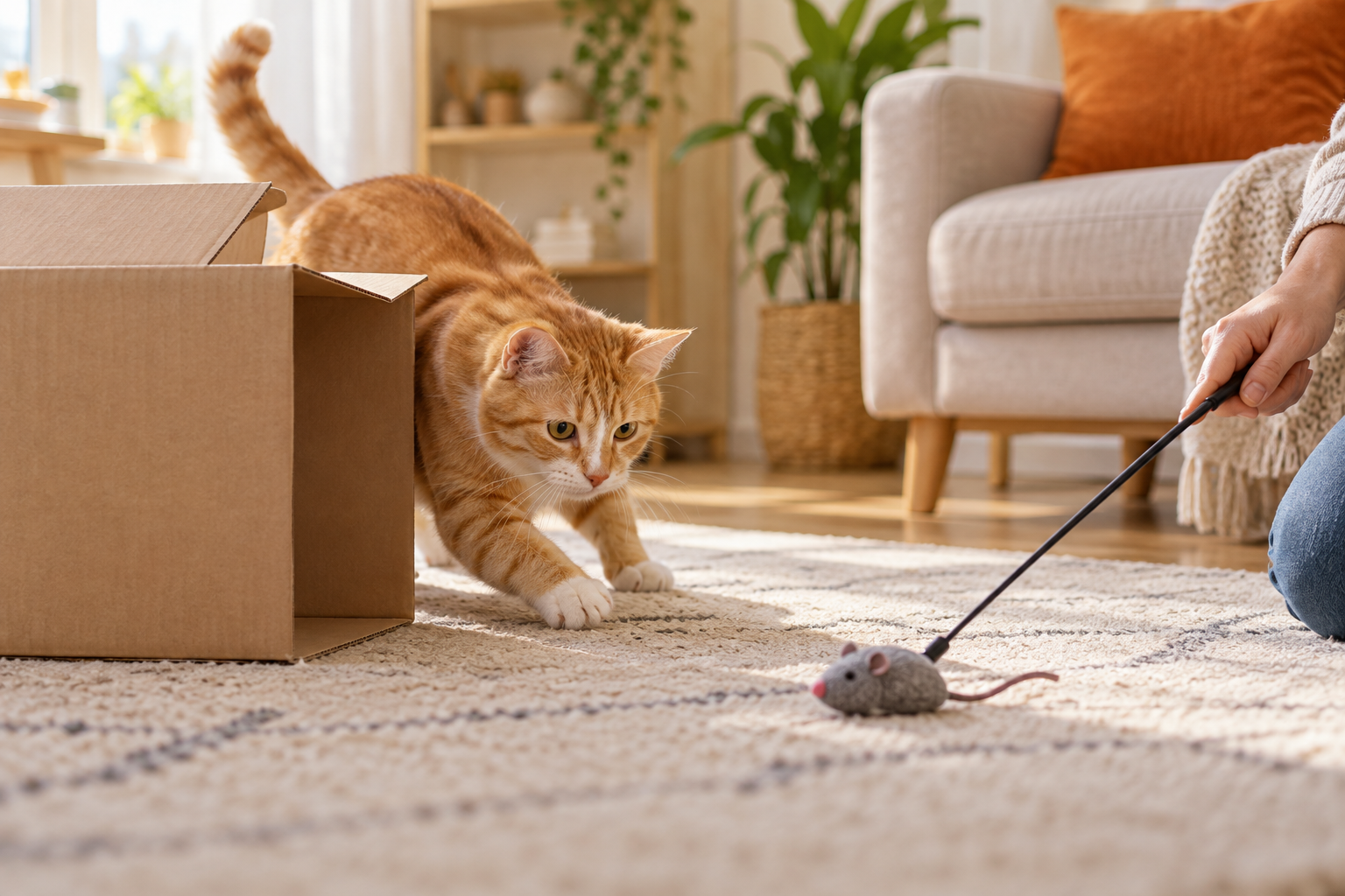 Kucing oranye mengintai mainan tikus dari samping kotak kardus dengan pengawasan pemilik
