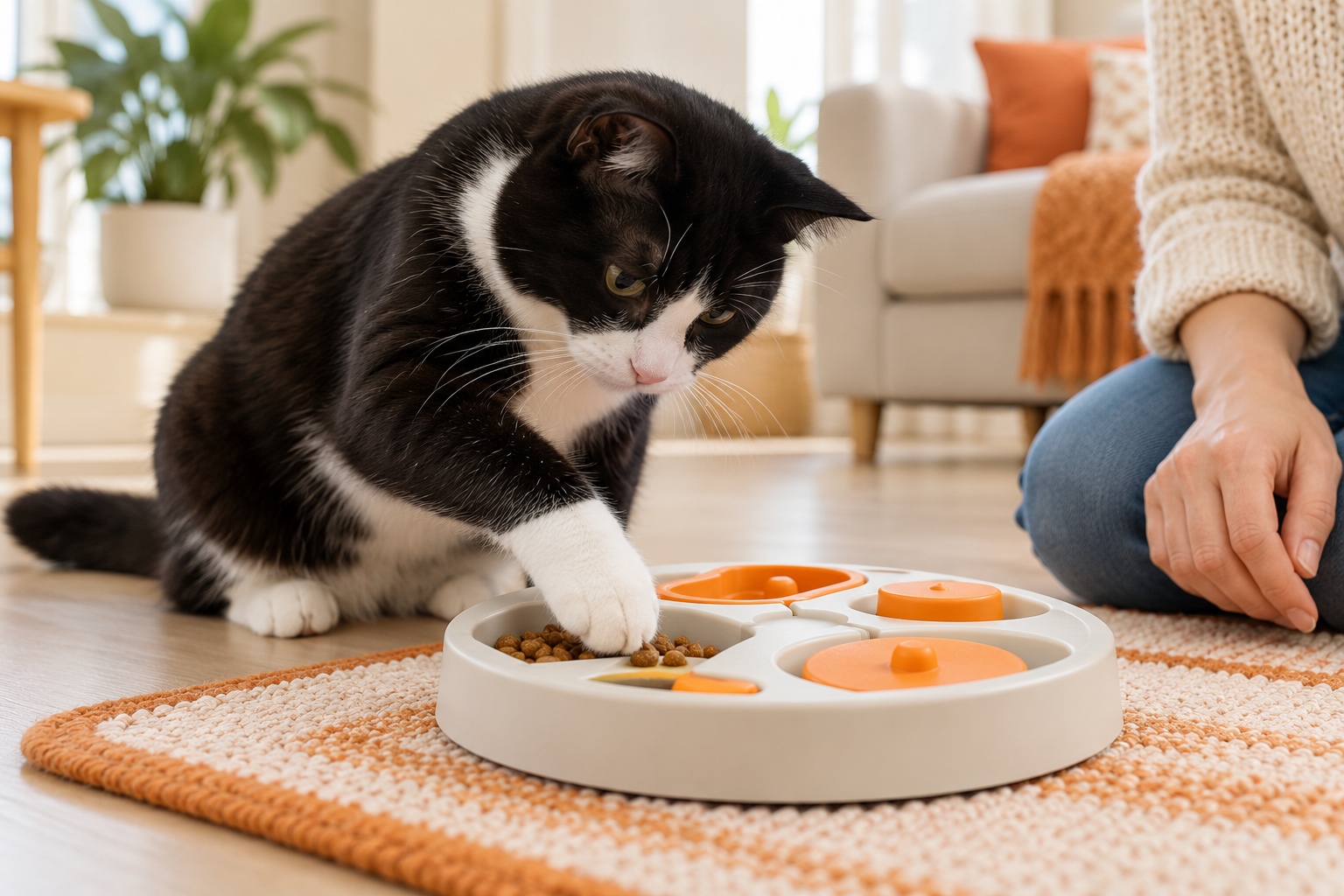 Kucing hitam putih mengambil kibble dari puzzle makanan yang mudah dengan pemilik di dekatnya